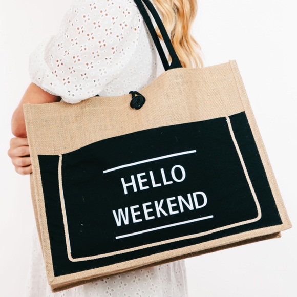 Pink & Natural Tan Hello Weekend Burlap Summer Tote Bag - Picture 5 of 5
